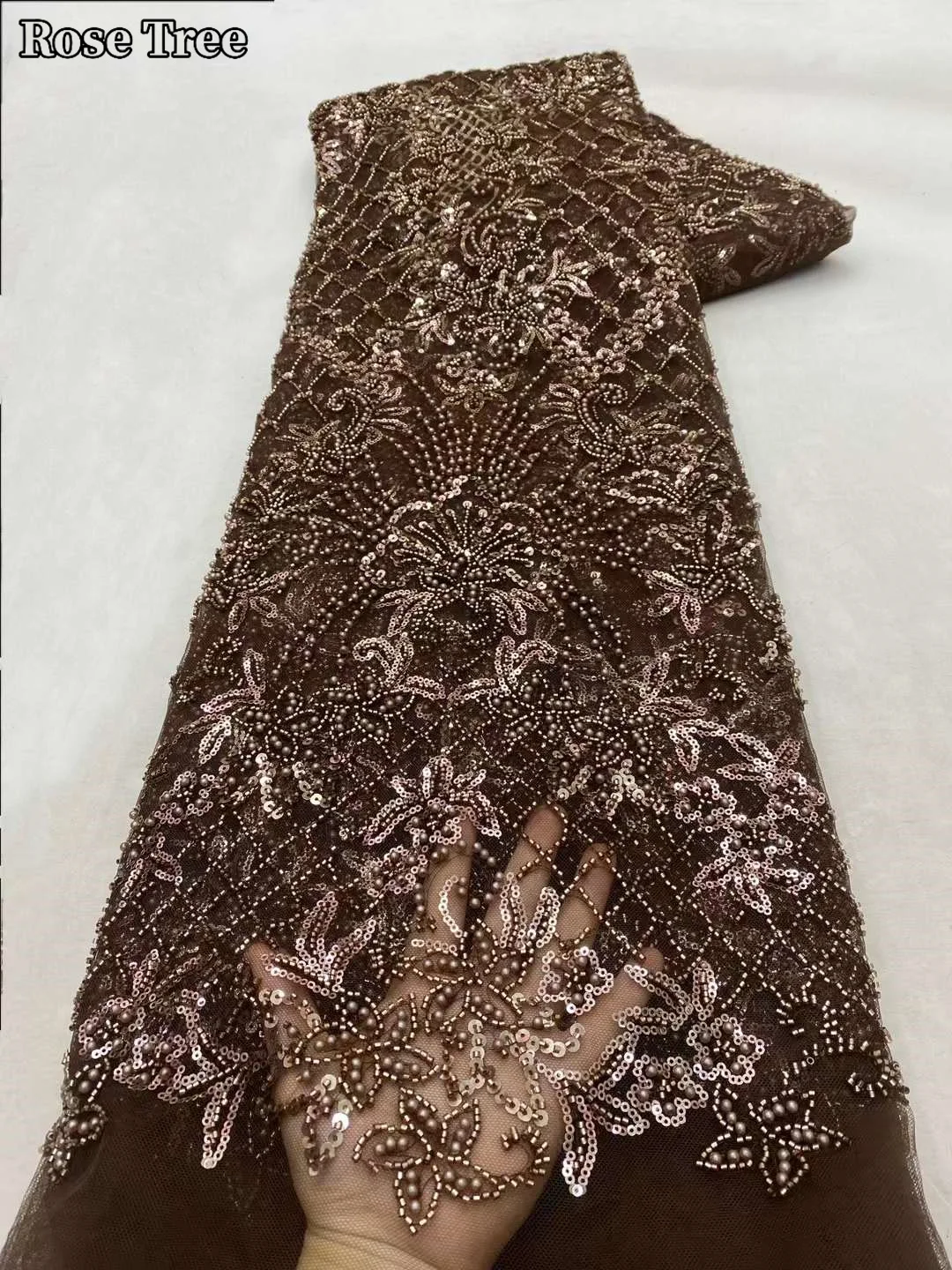 Coffee African Lace Fabric Sequins Beaded Embroidery Nigerian Bridal High Quality French Tulle Lace Fabric For Wedding