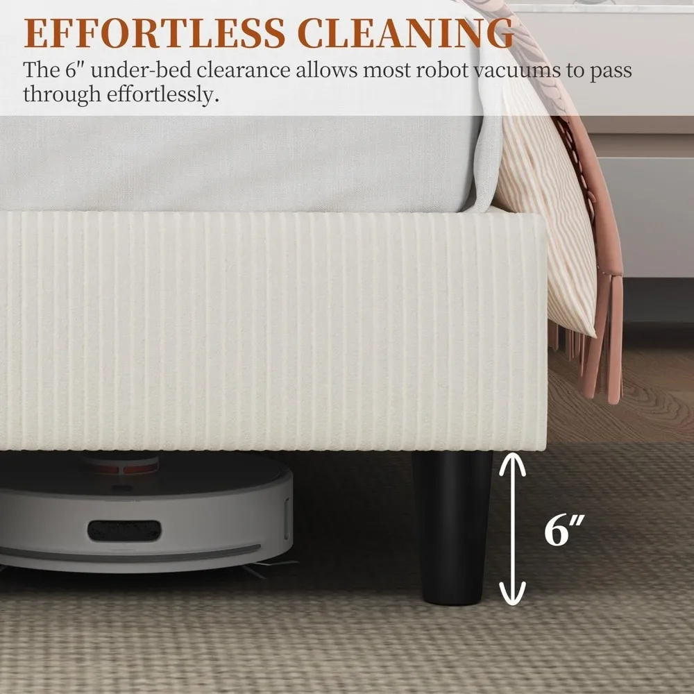 إطارات سرير كوين مع لوح رأسي قابل للتعديل، لوح أمامي/منصة من قماش الشنيل، إطار سرير بحجم كوين