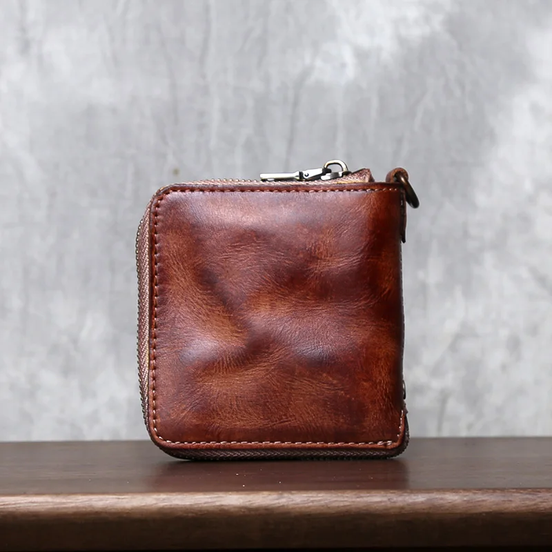 Retro Genuine Leather Men's Wallets Handcrafted With A Pure Top Layer Of Vegetable Tanned Cowhide Zipper Short Style Wallet