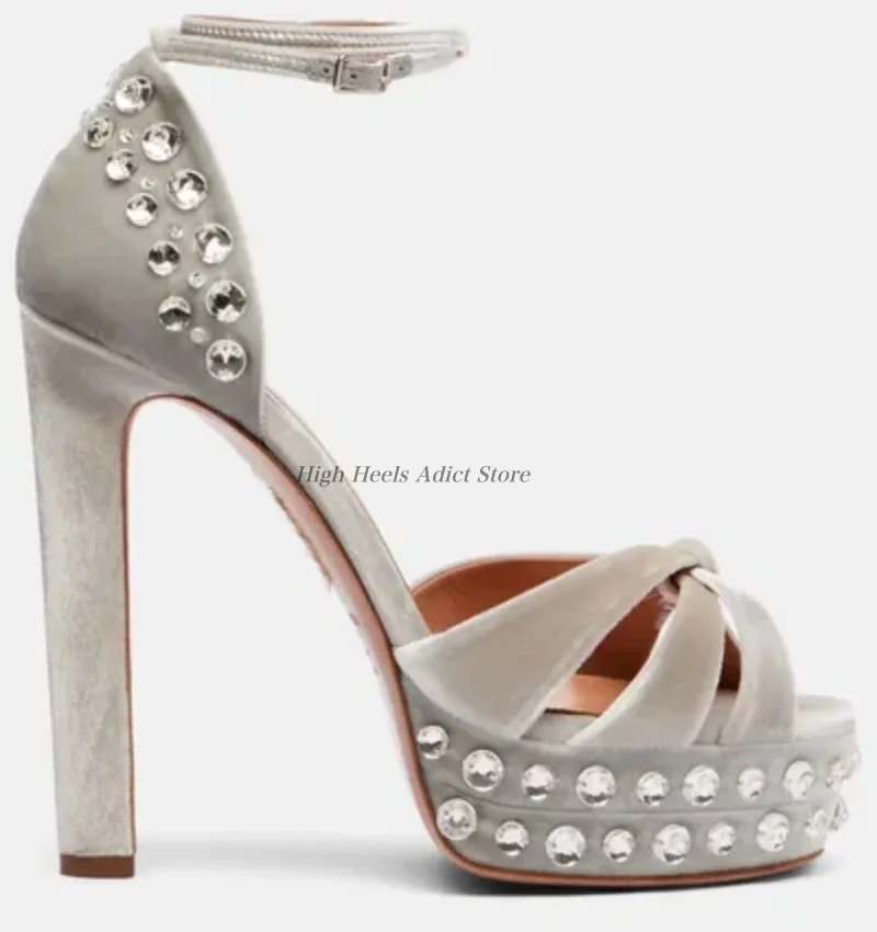 

2026 new in velvet diamond pink/black/grey sandals platform chunky heels ankle strap high heels for women party shoes