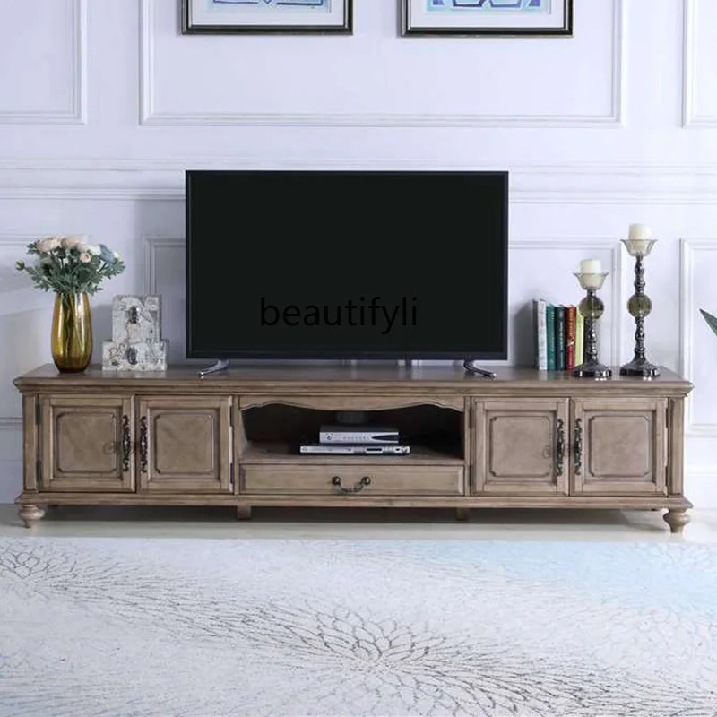 

American Solid Wood TV Cabinet Nordic Light Luxury Living Room TV Cabinet and Tea Table Floor Cabinet Combination