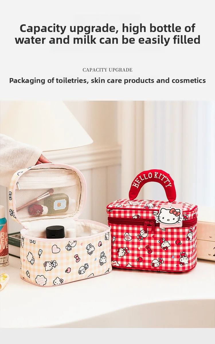 Große tragbare Aufbewahrungstasche, niedliche karierte Sanrio Kitty Kosmetiktasche, strapazierfähige Canvas-Kosmetiktasche – Detail 3