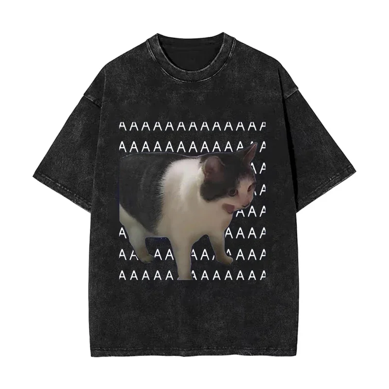 ヴィンテージ風面白い「悲しい猫」ミーム柄メンズ・レディースウォッシュドTシャツ ミーム Y2K ストリートウェア コットンTシャツ ユニセックス 夏 ハラジュク Oネックトップ