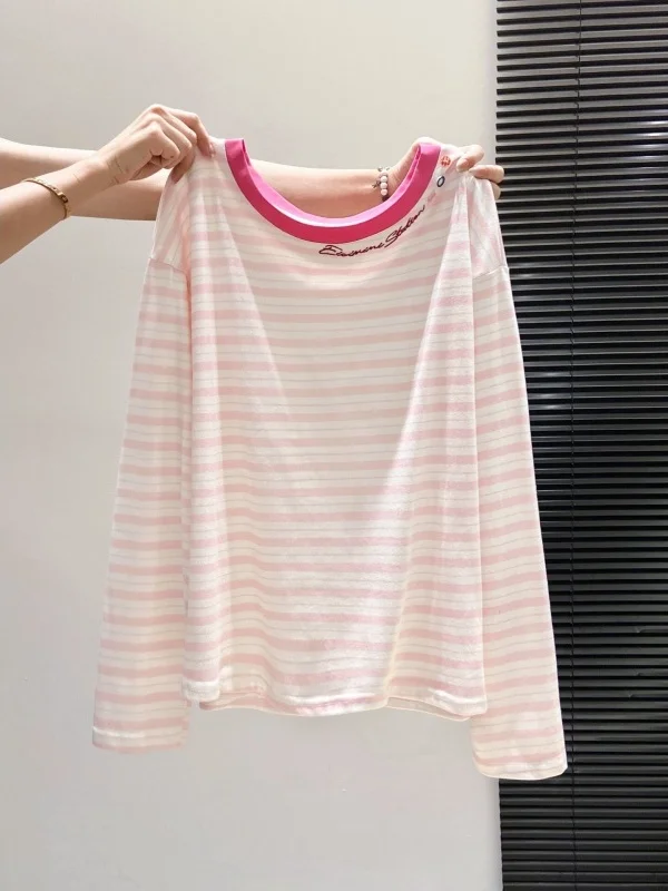 

Slimming Effect Long Sleeve T-Shirt Women's Spring Summer New Loose Fit Lightweight Sun Protection Base Shirt Embroidered Str...