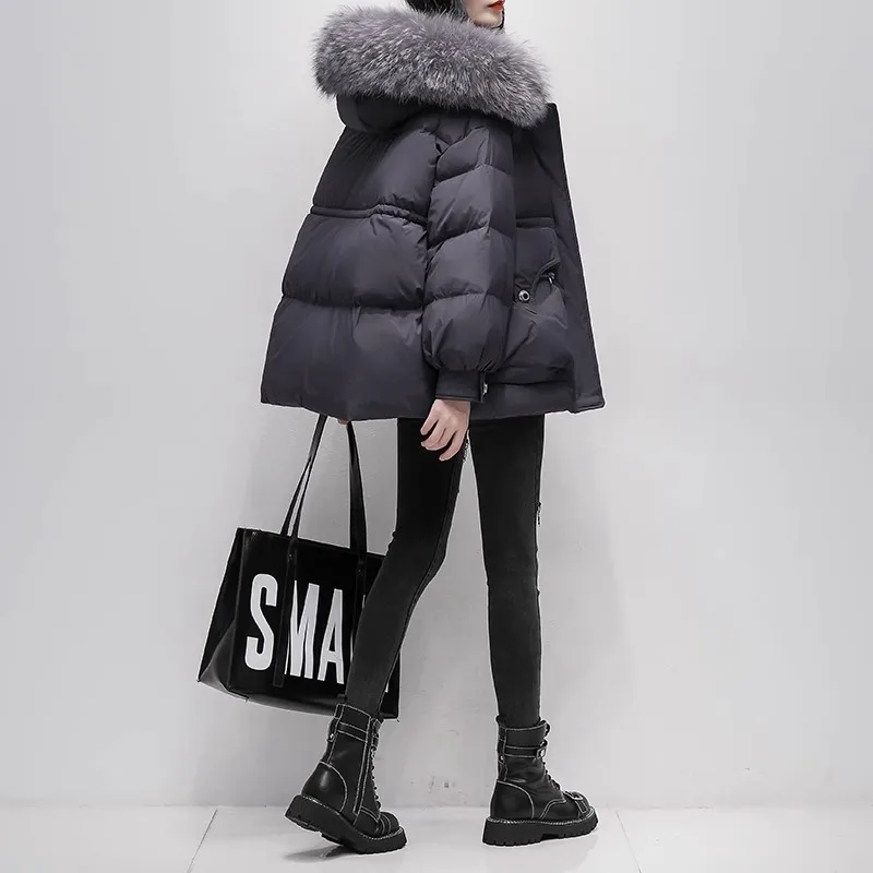 Real fur collar Short Down Jacket Women 2023 Winter New Warm Parkas Fashion Hooded White duck down Coat  Female Loose Overcoat