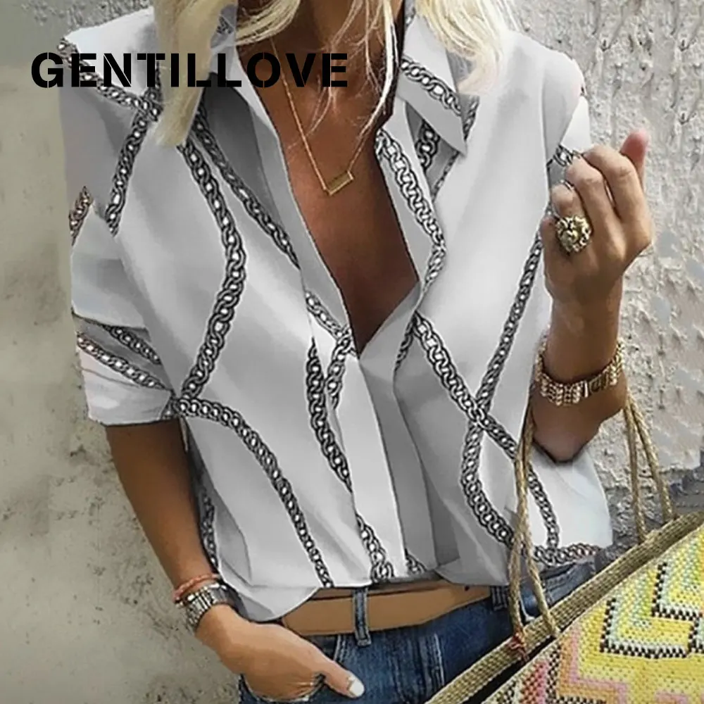 Gentillove Elegant Long Sleeve Chain Print Blouse Casual Turn-down Collar Work Tops Oversized Office Lady Shirt Oversized Tunic