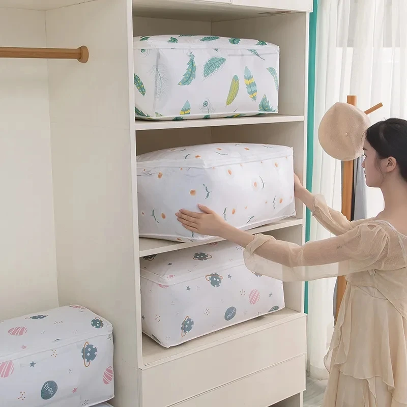 Hot Sale Foldable Quilt Storage Bag Feather Print Home Clothes Quilt Pillow Blanket Storage Bag Travel Luggage Organizer Bag 1pc