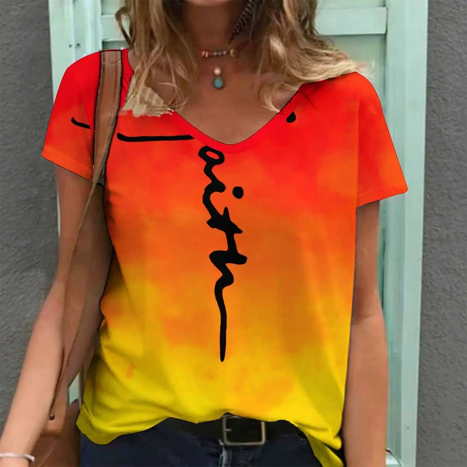 Women Print V Neck Short Sleeve Casual Loose Tunic Tops