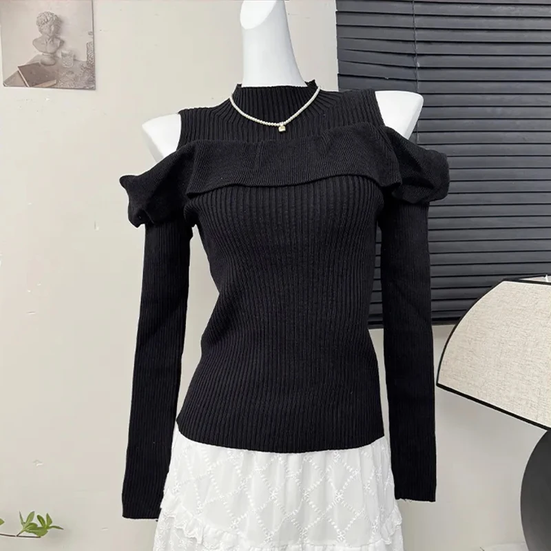 Sexy Off Shoulder Long Sleeve Sweater Women Korean Chic Slim Half Turtleneck Pullover Harajuku Ruffle Patchwork Black Jumper New