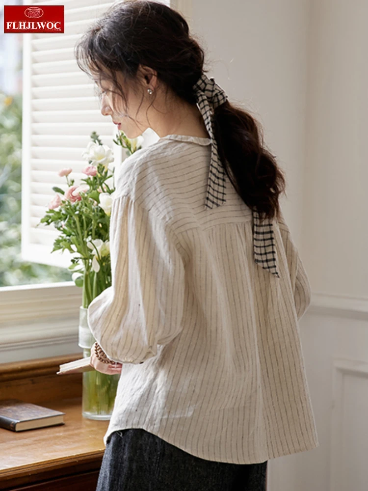 Chanvre coton mélanges hauts Blouses nouveau Mori filles femmes été mince confortable décontracté rayé chemises volants rétro Vintage haut