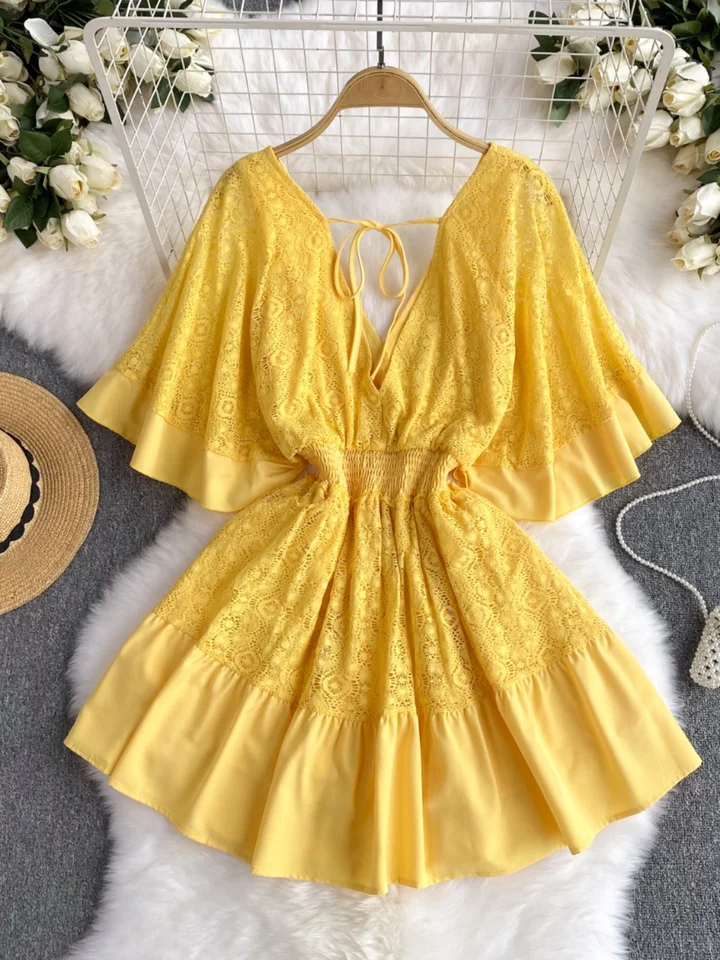 Foamlina Yellow Floral Lace Mii Dress Women Summer Sexy Deep V Neck Batwing Sleeve Elastic Waist A Line Beach Party Short Dress - AliExpress 200000345 Foamlina Yellow Floral Lace Mii Dress Women Summer Sexy Deep V Neck Batwing Sleeve Elastic Waist A Line Beach Party Short Dress - AliExpress 200000345