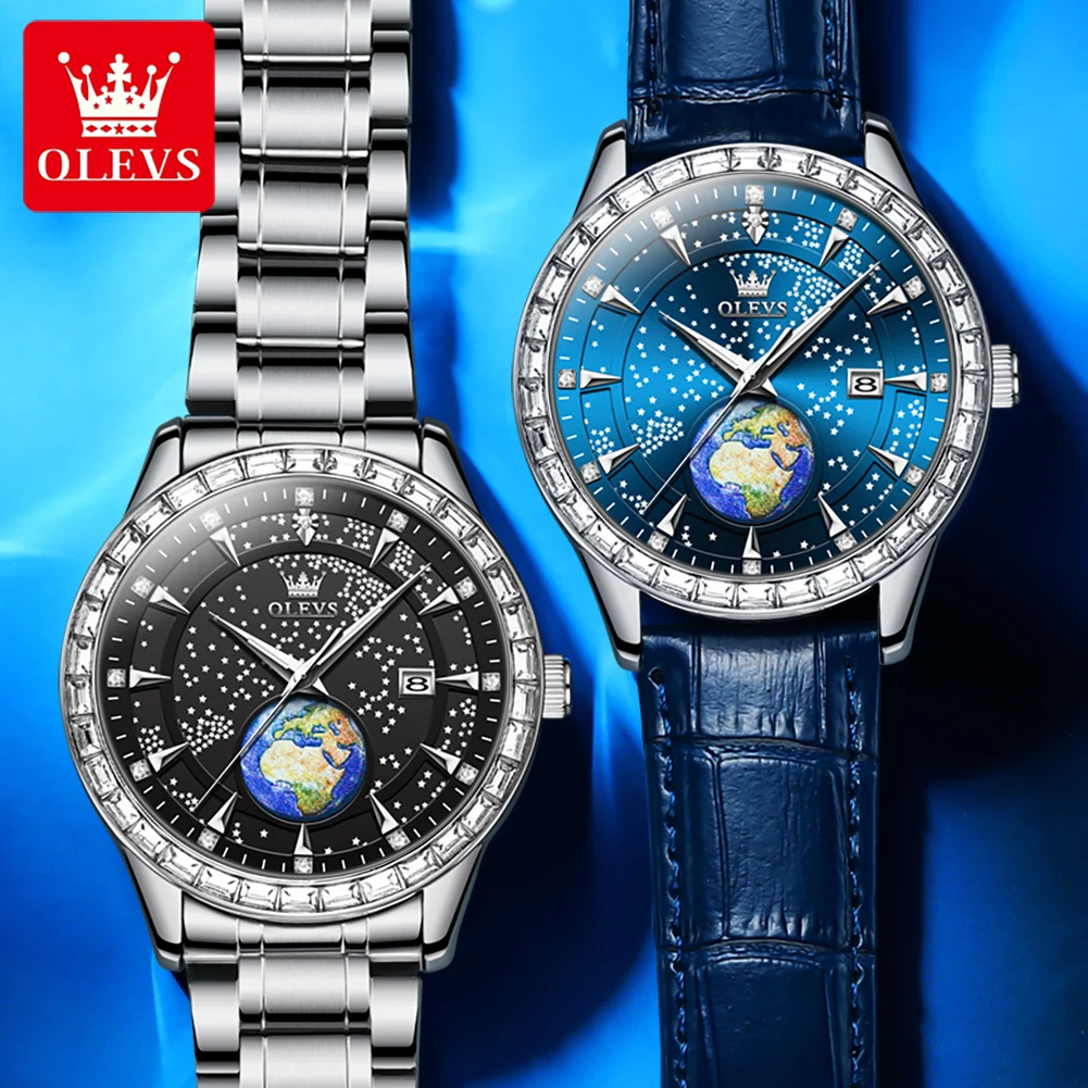 OLEVS Quartz Watch for Man Luxury Diamond Blue Leather Stainless steel Wristwatch Starry Sky Globe Luminous Dial Men\'s Watch