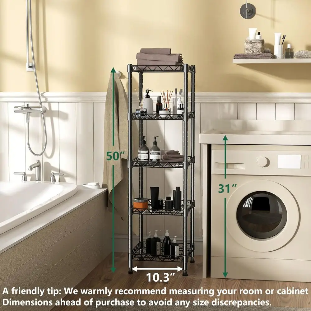 Regulowany regał metalowy z 5 półkami, czarny, do kuchni, pralni i łazienki, 11,8x11,8x50