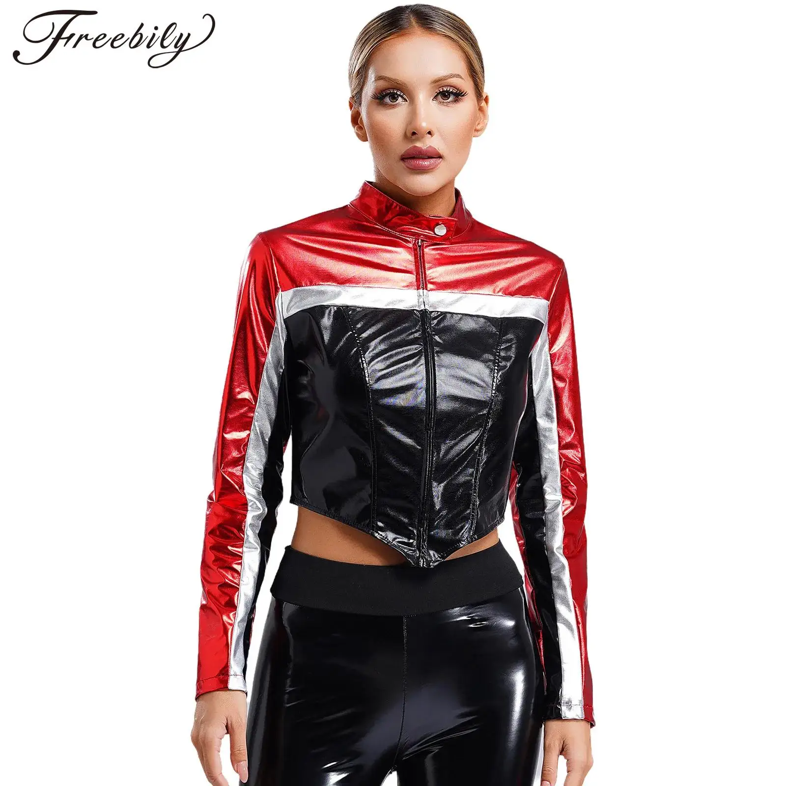 Women Halloween Carnival Racer Driver Cosplay Costume Long Sleeve Stand Collar Metallic Shiny Zipper Racing Jacket Coat Clubwear