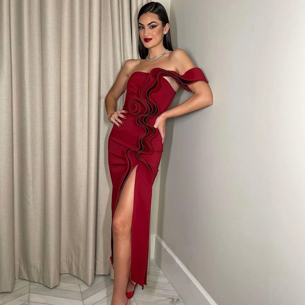 

Ruffled One Shoulder Dark Red Ankle Length Evening Dresses With Slit Elegant Matte Satin Prom Dress For Wedding Party Fashion