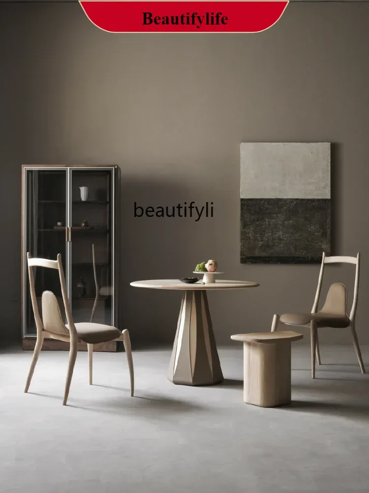 

G1218 Rotary wood dining table leather household dining table small apartment round table living room rest