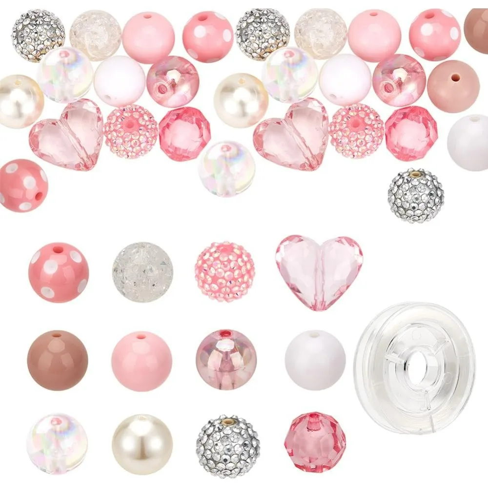 バブルガム-ピンクのアクリルクラックルビーズ,樹脂ラインストーン,模造ラウンドビーズ,不透明なルーズスペーサー,20mm, 48個