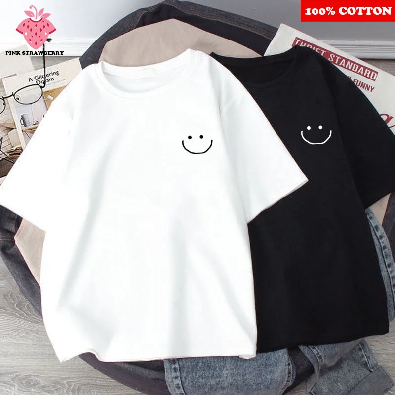 

HAPPY Smiling Face Print T-shirt Women Summer 2025 New 100% Cotton Short Sleeve White T-shirt Round Neck Y2k Top Female Clothing