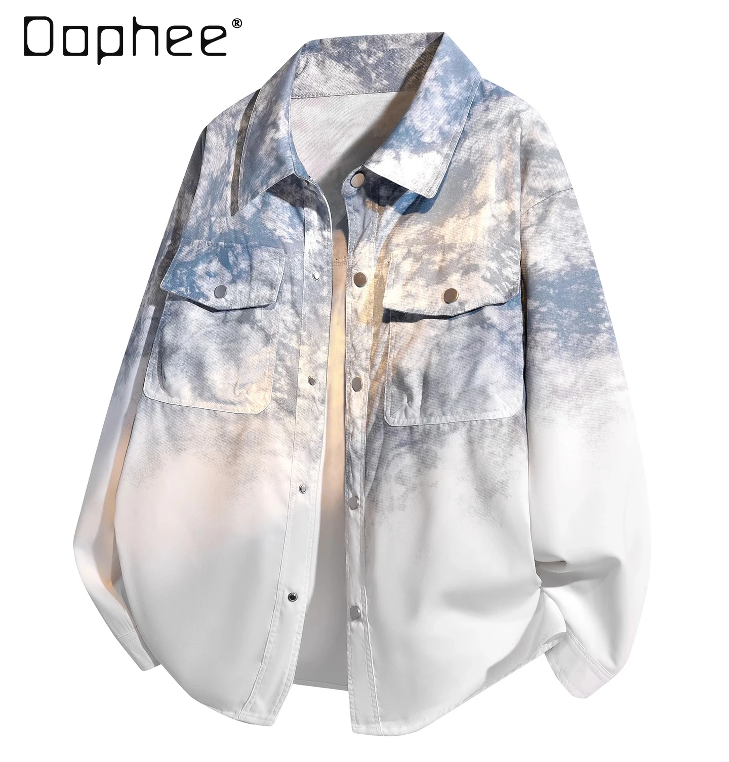 2025 Spring and Autumn New Men's Pink Tie-Dye Gradient Denim Shirt Couple Blue Black Casual Loose Daily Shirt Jacket