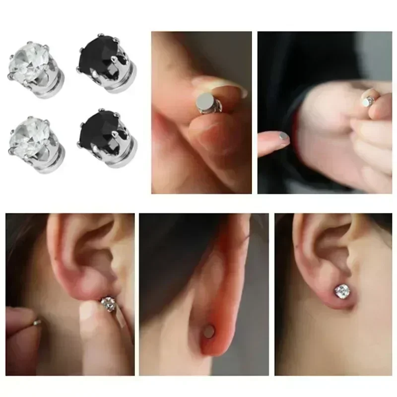 White Black Magnetic Magnet Ear Stud Easy Use Crystal Stone Stud Earrings for Women Men Earrings Clip on No Ear Hole Gift 1 Pair