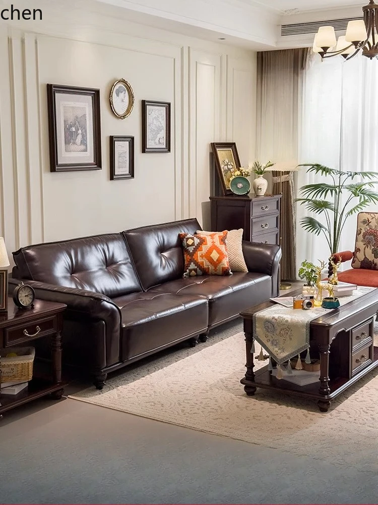 HT  Genuine Leather Vintage Sofa Living Room Straight Sofa Three-Seater Small Apartment Antique Sofa