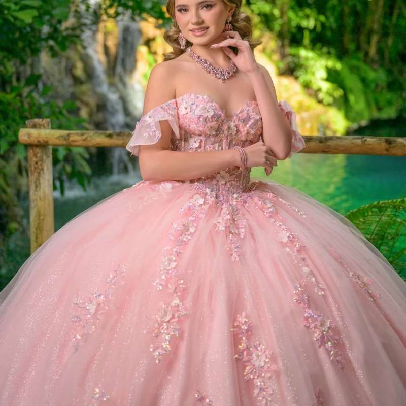 

Pink Shiny Quinceanera Dresses Ball Gown Off The Shoulder Applique Lace Beading Tull Corset Party Birthday Sweet 16 Dress Vestid