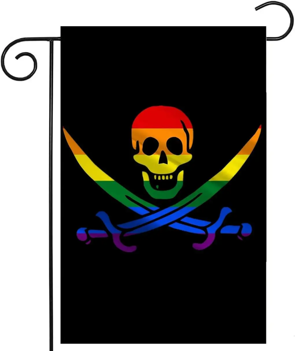 Rainbow Pirate Garden Flag 12x18 inch, Jack Rackham Knife Jolly Roger Skull and Crossbones Flags, Sturdy Double Stitched and yyi