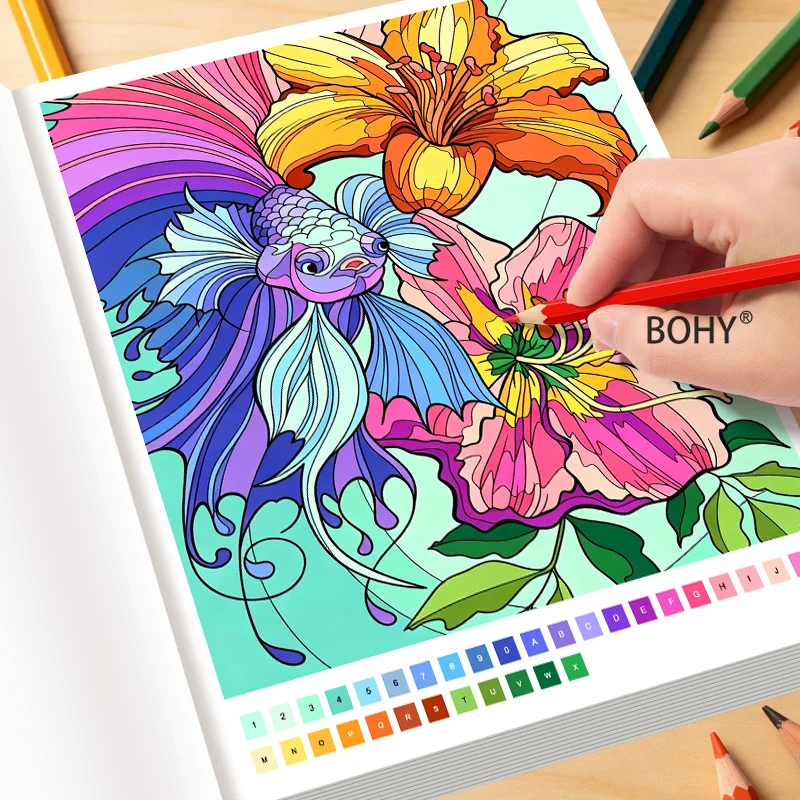 1 Adult Decompression Coloring Book, 32 Pages, Exquisite Thread Drafts on Themes Like Blue Parrot, Butterfly, Flower Fish, Etc.