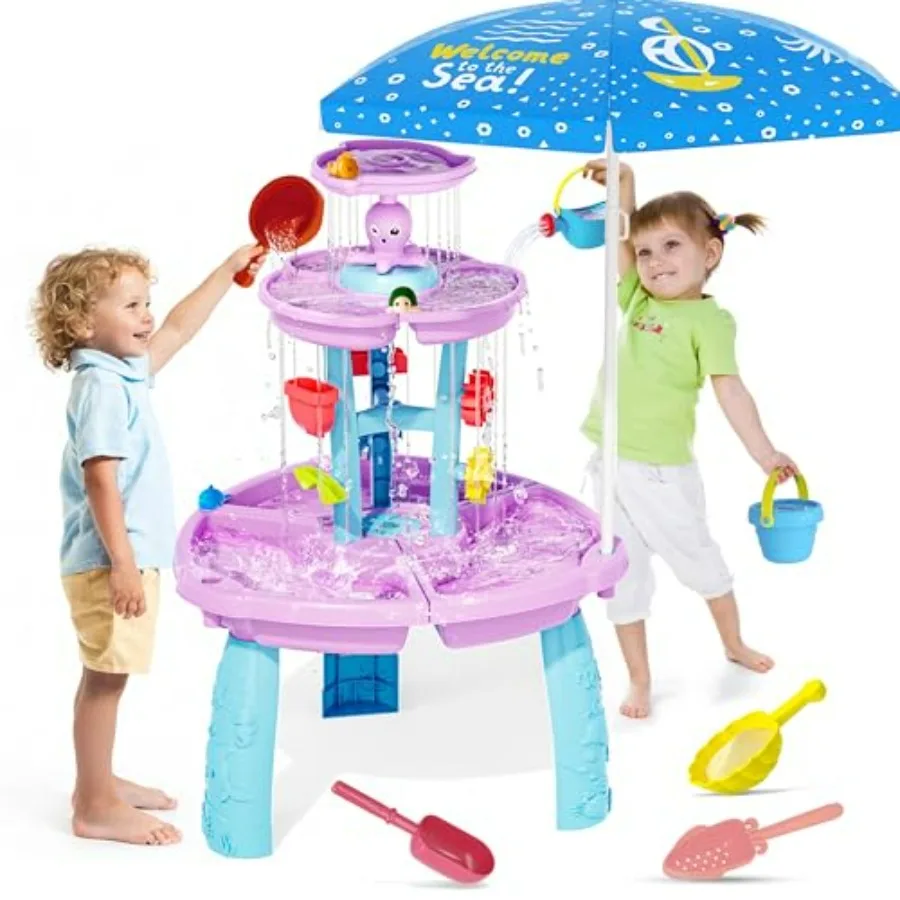 

2026 Water Table Toys for Toddlers 1-3 3-5, Purple Blue 3-Tier Outdoor Splash Table with Umbrella, Beach Summer Water Sand Play