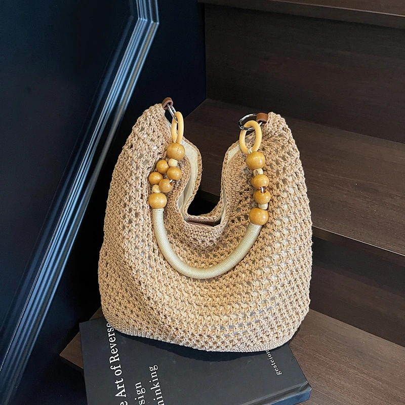 

Fashion Beach Summer Bag for Women Mesh Woven Shoulder Bags Adjustable Strap Handbag Large Capacity Hobo Bag for Travel Vacation