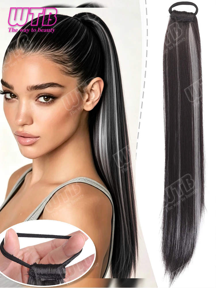 WTB Highlighted Straight Ponytail Synthetic Wig Hair Tie Style Ponytail Wig Suitable for Women's Daily Wear Holidays and Events