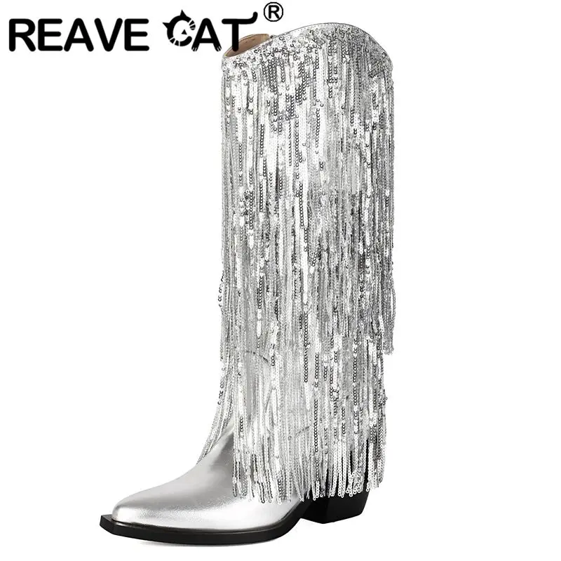REAVE CAT Sliver Women Mid Calf Boots Pointed Toe 7cm Chunky Heels Side Zipper Fringe Sexy Dating Banquet Bota Big Size 41 42 43