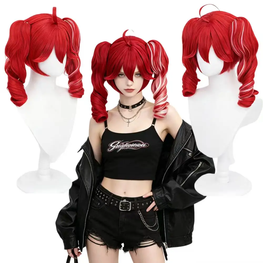 

Red Curly Twin Tail Wig 15 Inches Heat Synthetic Hair with White Highlights Breathable Elastic Cap for Women's Daily and Party