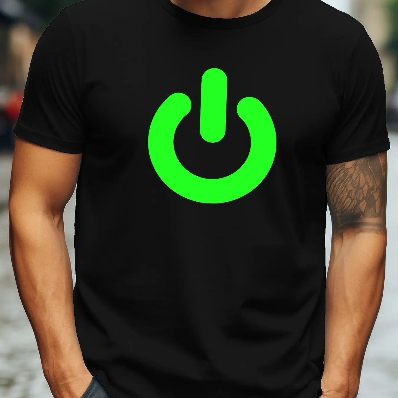 تي شيرت رجالي كاجوال من القطن مع أيقونة نبضات القلب الفلورسنت الأخضر ورقبة دائرية وأكمام قصيرة ملابس صيفية للرجال