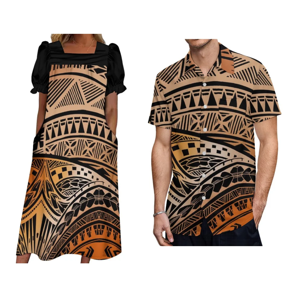 

Polynesian Couple Set Set Women Mumu Dress Men'S Shirt Casual Set Puffed Sleeve Design Pocket Skirt Hawaiian Casual Pocket Shirt