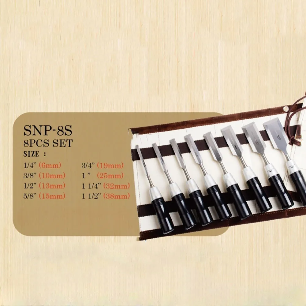 معالجة النجارة النقش شفرة نحت النجارة إزميل مسطح 8 قطعة مجموعة إزميل خشبية مع صندوق خشبي