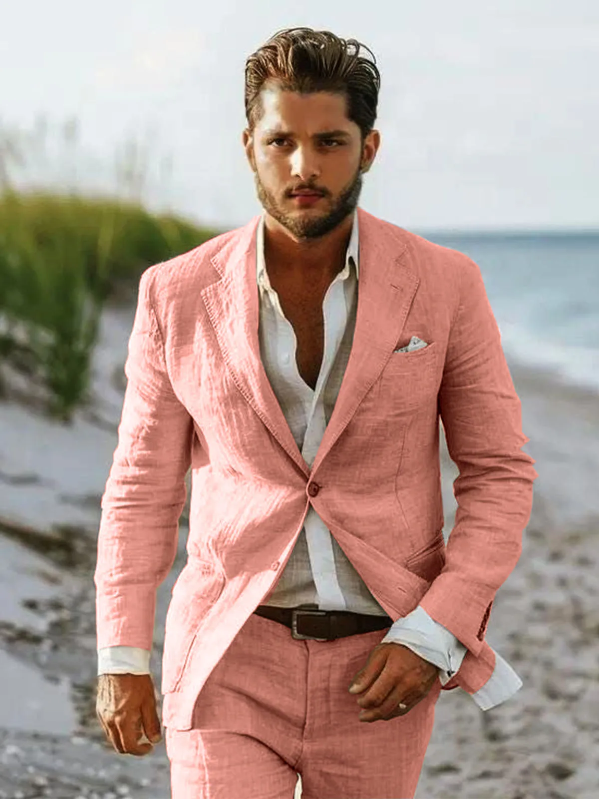 Set Pakaian 2 Potong Pria Linen Musim Panas Kasual (Blazer + Celana) Kostum Tuksedo Kancing Sebaris Slim Fit Set Setelan Pria Ropa De Hombre