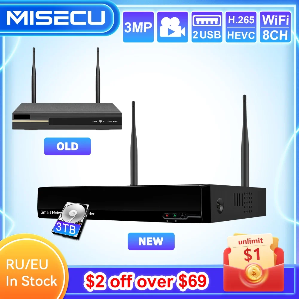 MISECU 8CH H.265 3MP Wireless NVR Recorder Wifi H.265 CCTV Security System P2P ONVIF IP Camera Network Video Smart PlayBack