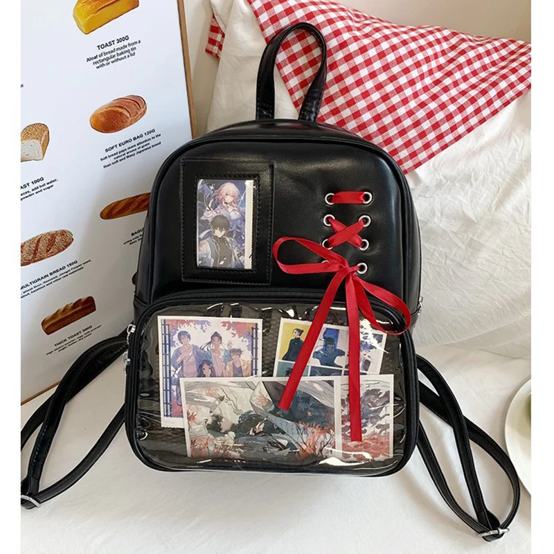 

Richme Y2K Ribbon Bow Ita Bags Women 2025 Trend Clear Window Card Show Bag Female Gothic DIY Anime Badge PU Mochilas Para Mujer
