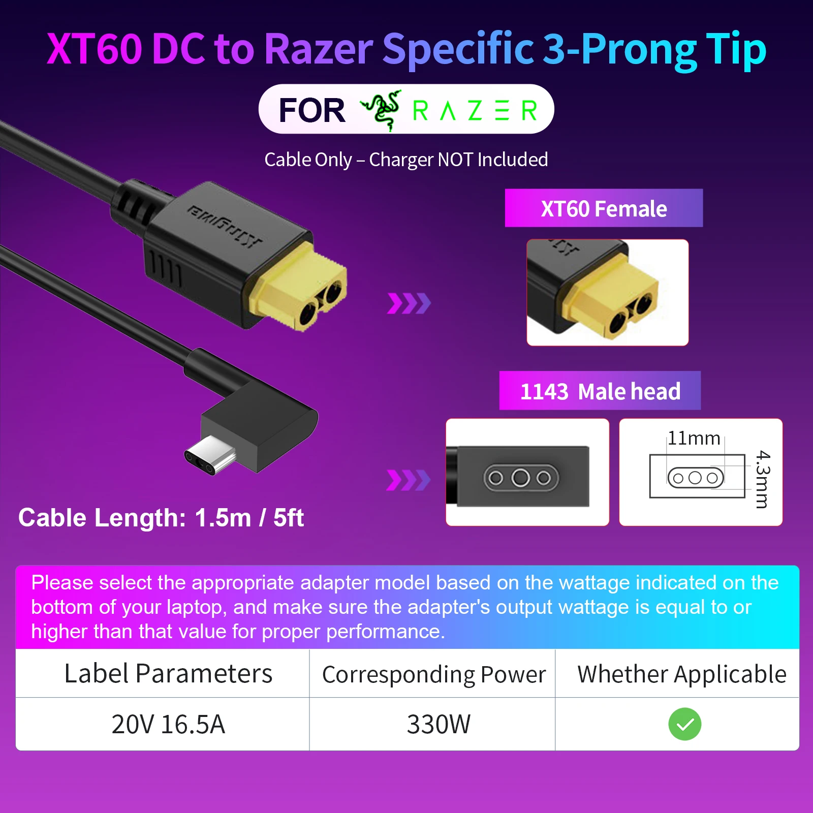 330W GaN-lader voor laptop XT60 naar DC-kabeladapter 400W Compatibel met Lenovo, ASUS, Dell, Alienware, HP, Acer, MSI, Razer