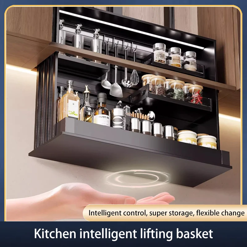 

Smart Electric Vertical Lift Cabinet Basket Voice Touch Control Auto Spice Dispenser Design For Kitchen Overhead Storage
