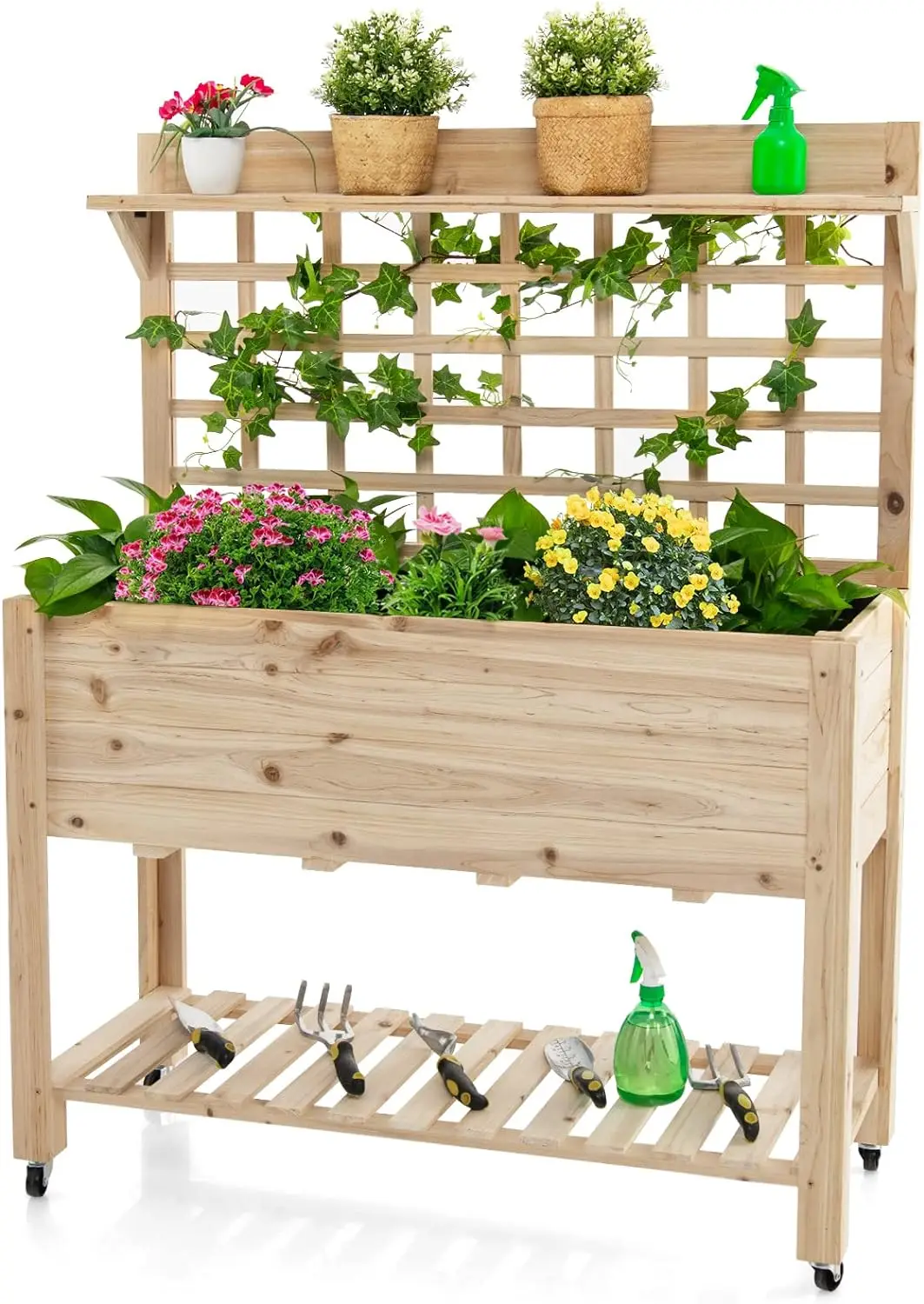 

Raised Garden Bed with Trellis, Mobile Elevated Planter Box Bed Liner, Top/Bottom Storage Shelves, Freestanding Wood Planter