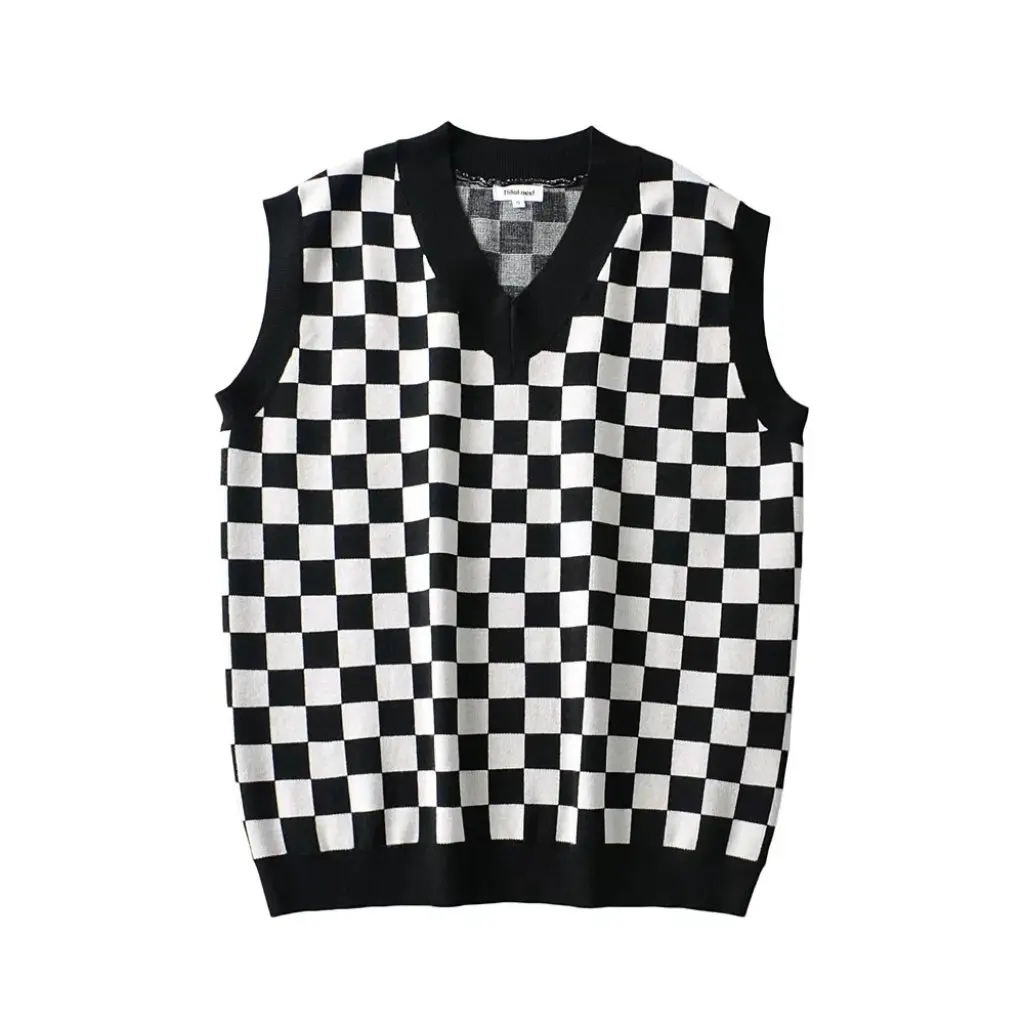 

Women's Sleeveless Knitted Vest V-neck Contrast Color Plaid Slimming Large Loose Sweater Autumn Outerwear