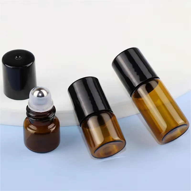50pcs 1ml 2ml 3ml 5ml Amber Thin Glass Roll on Bottle Sample Test Essential Oil Vials with Roller Metal Ball