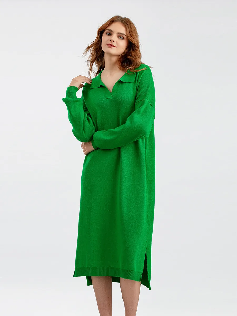 

Autumn Winter Knitted Dress Women Chic Turn-down Collar Midi Dresses Loose Korean Knitwear Green Elegant Casual Sweater Dresses