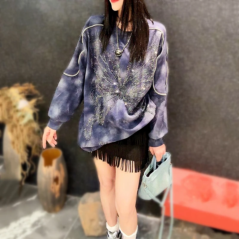 Glitter Long Sleeve T Shirt for Women Spring Autumn Streetwear Casual Tops Woman Rhinestone Sequin Pullover Elegant Tee SL220