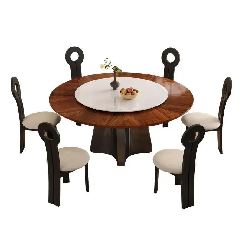 

French retro solid wood round table medium and ancient log household small apartment black walnut eating table turntable
