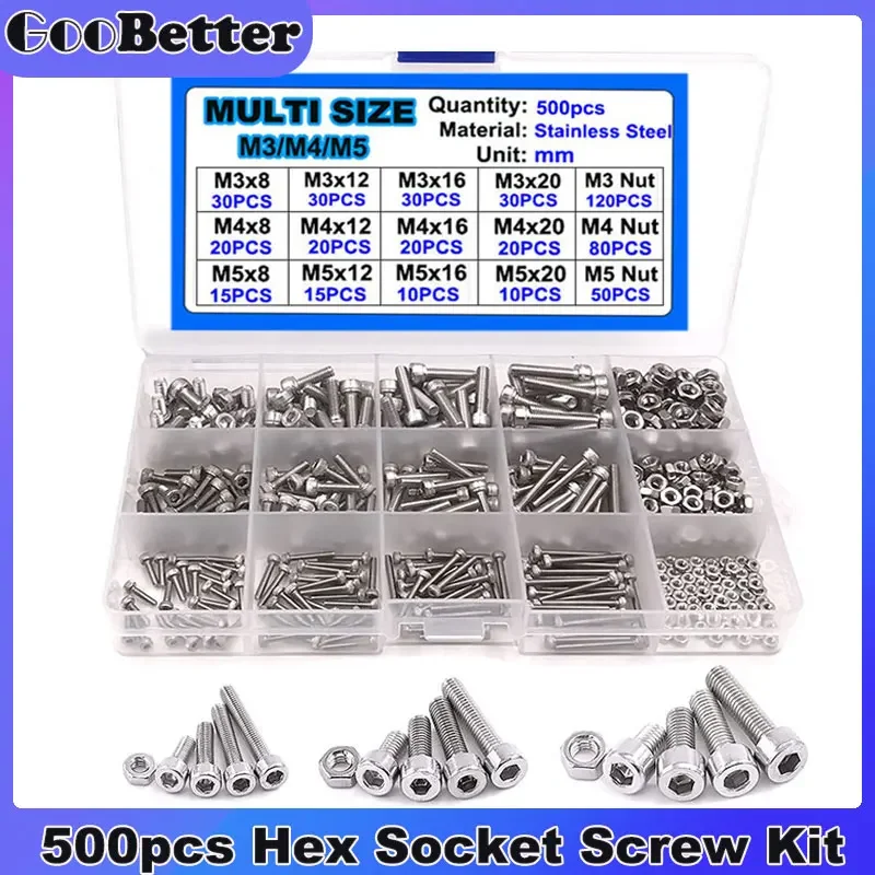 

500Pcs Hex Button Socket Screw Set M3 M4 M5 Stainless Steel Round Cap Head Screws Assortment Kit Hexagon Thread Bolts And Nuts