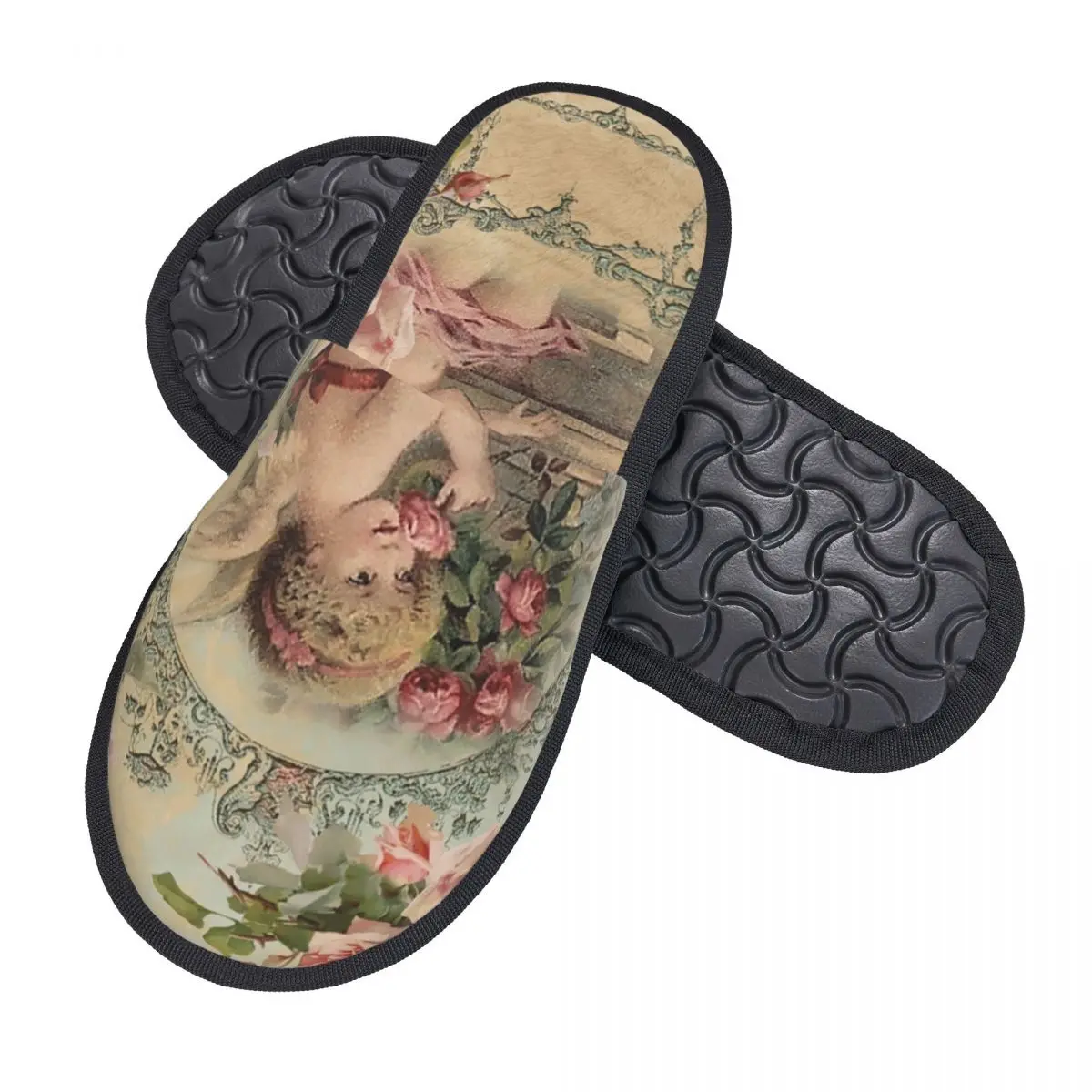 Victorian Angel Print And Pink Vintage Roses Guest Slippers for Spa Women Custom Print House Slipper