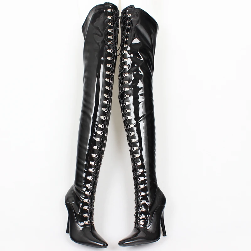 CACA stivali alti alla coscia Fetish da donna, tacchi alti da 12cm Sexy Botas lunghe sopra il ginocchio, scarpe Cosplay BDSM, lacci anteriori,